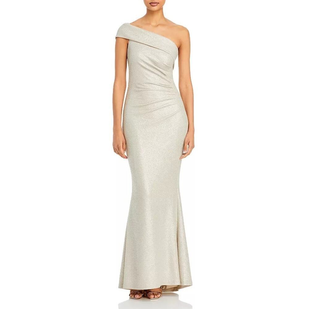 Eliza J Women's Metallic Knit Draped Cap Sleeve One Shoulder Gown Dress Size 4
